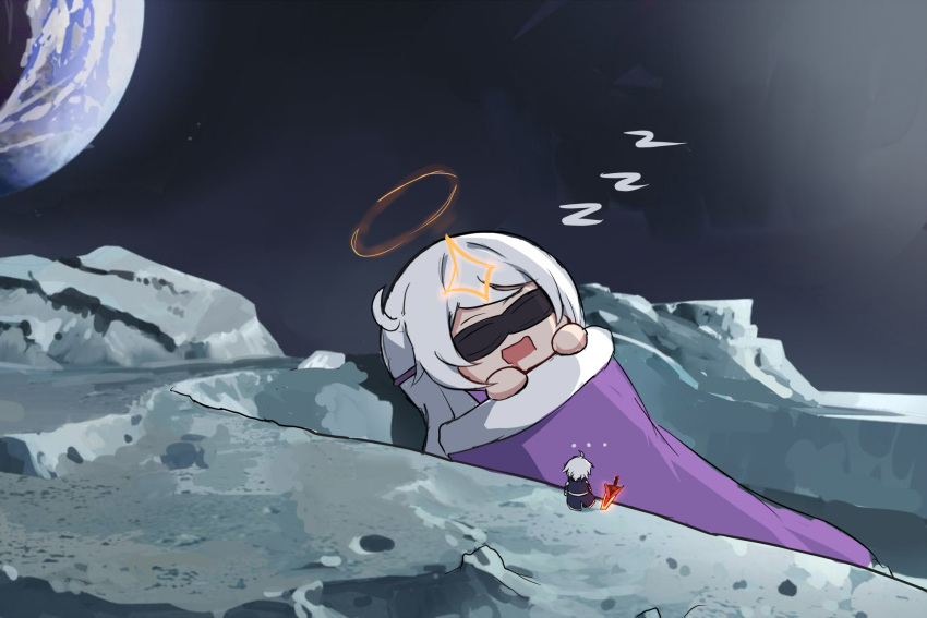 ..., 1boy, 1girl, blanket, crater, drooling, earth_(planet), eye_mask