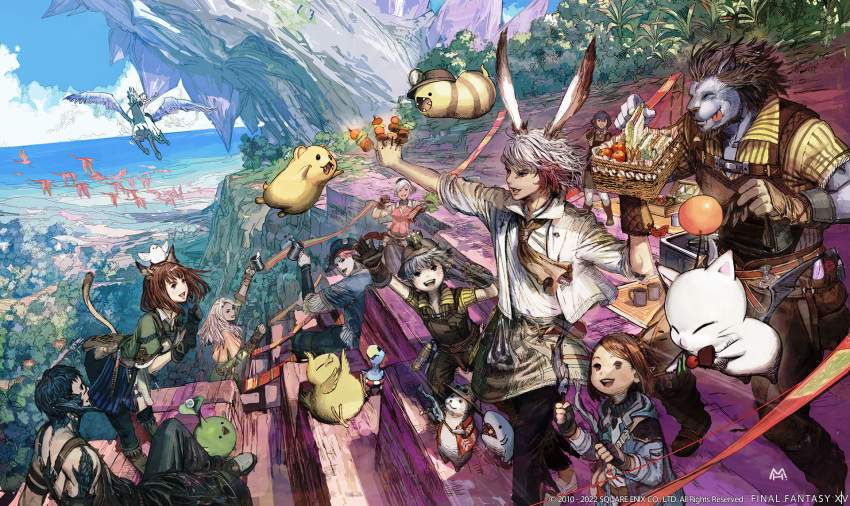 5boys, 6+girls, :d, :p, animal_ears, animal_on_head, arm_up, artist_request