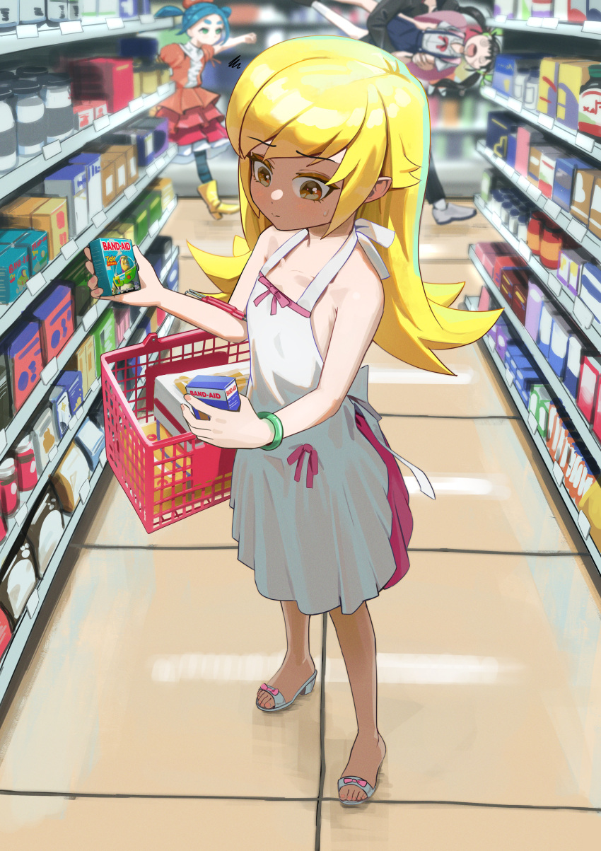 1boy, 3girls, @_@, absurdres, araragi_koyomi, bakemonogatari, basket, black_hair