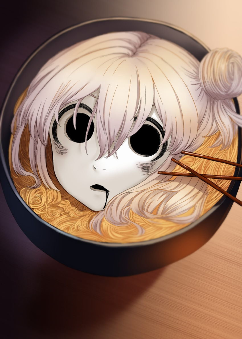 1girl, 4shi, ai_drawing_anime_characters_eating_ramen_(meme), blank_eyes, blank_stare, bowl, colored_skin, dango-chan_(4shi)
