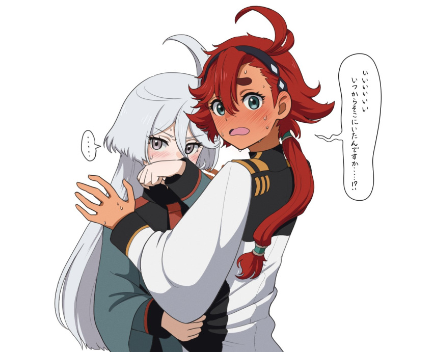 2boys, 2girls, ahoge, asticassia_school_uniform, black_hairband, blue_eyes, blush, clothes_grab