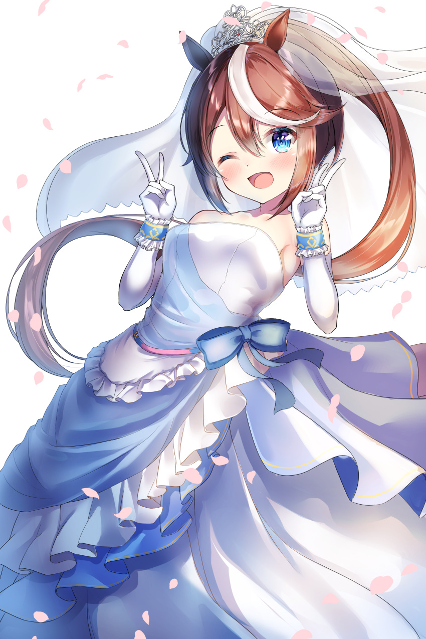 1girl, ;d, absurdres, alternate_costume, bare_shoulders, blue_dress, blue_eyes, blush