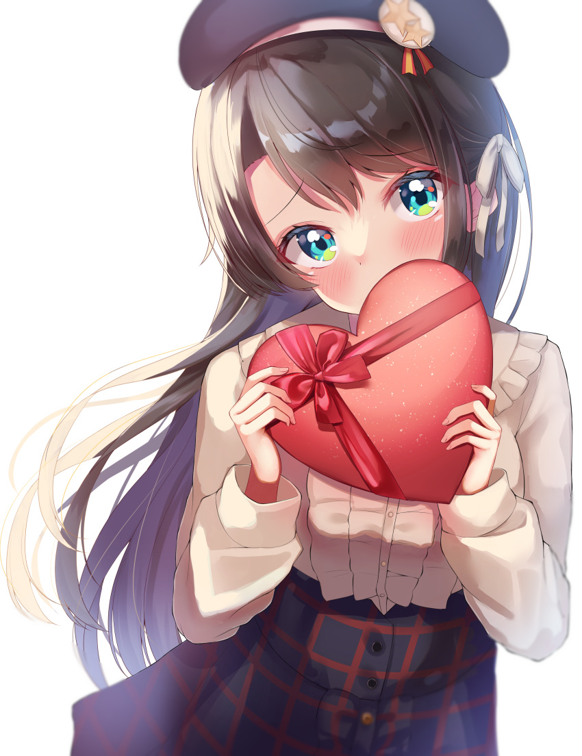 1girl, absurdres, aqua_eyes, bangs, beret, blue_headwear, blue_skirt, blush