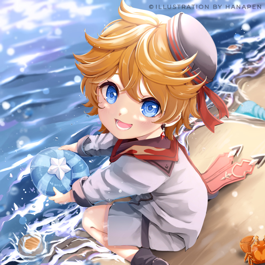 1boy, :d, aged_down, artist_name, bangs, beach, black_headwear, blonde_hair