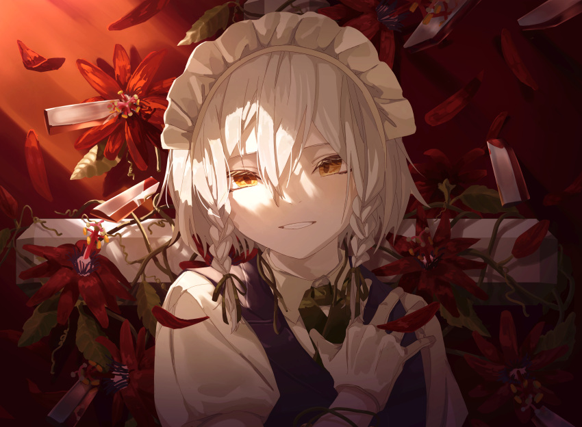 1girl, absurdres, bangs, black_ribbon, blue_vest, braid, collared_shirt, commentary_request, commission, falling_leaves, flower, flower_request, fuduki., gloves, green_ribbon, hair_between_eyes, hair_ribbon, hand_on_own_chest, hand_up, highres, izayoi_sakuya, leaf, looking_at_viewer, maid_headdress, neck_ribbon, parted_lips, partial_commentary, puffy_short_sleeves, puffy_sleeves, red_flower, ribbon, shirt, short_sleeves, silver_hair, skeb_commission, smile, solo, teeth, touhou, tress_ribbon, twin_braids, upper_body, vest, white_gloves, white_hair, white_shirt, yellow_eyes