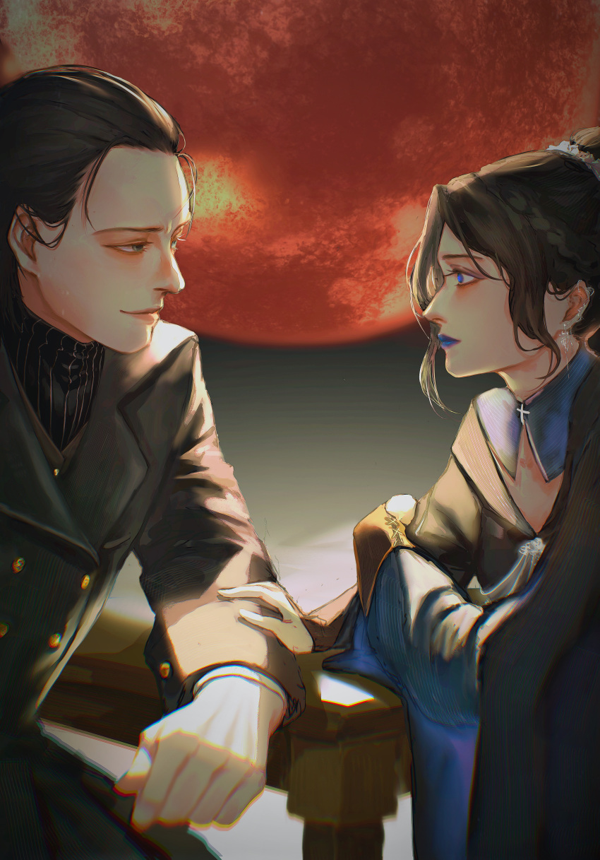 1boy, 1girl, absurdres, black_coat, black_hair, blue_eyes, bonnie_valeet, chinese_commentary, coat, commentary_request, daly_simone, dunn_smith, earrings, full_moon, grey_eyes, hand_on_another's_arm, highres, jewelry, lips, lipstick, looking_at_another, lord_of_the_mysteries, makeup, moon, red_moon, robe, short_hair, smile, table, vest