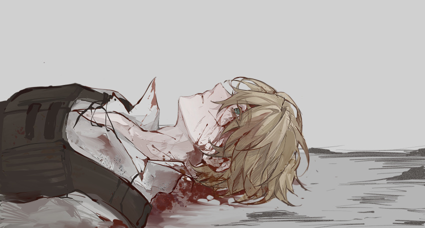 1boy, anderson_hood, blonde_hair, blood, blood_on_clothes, blood_on_face, bloody_clothes, chinese_commentary