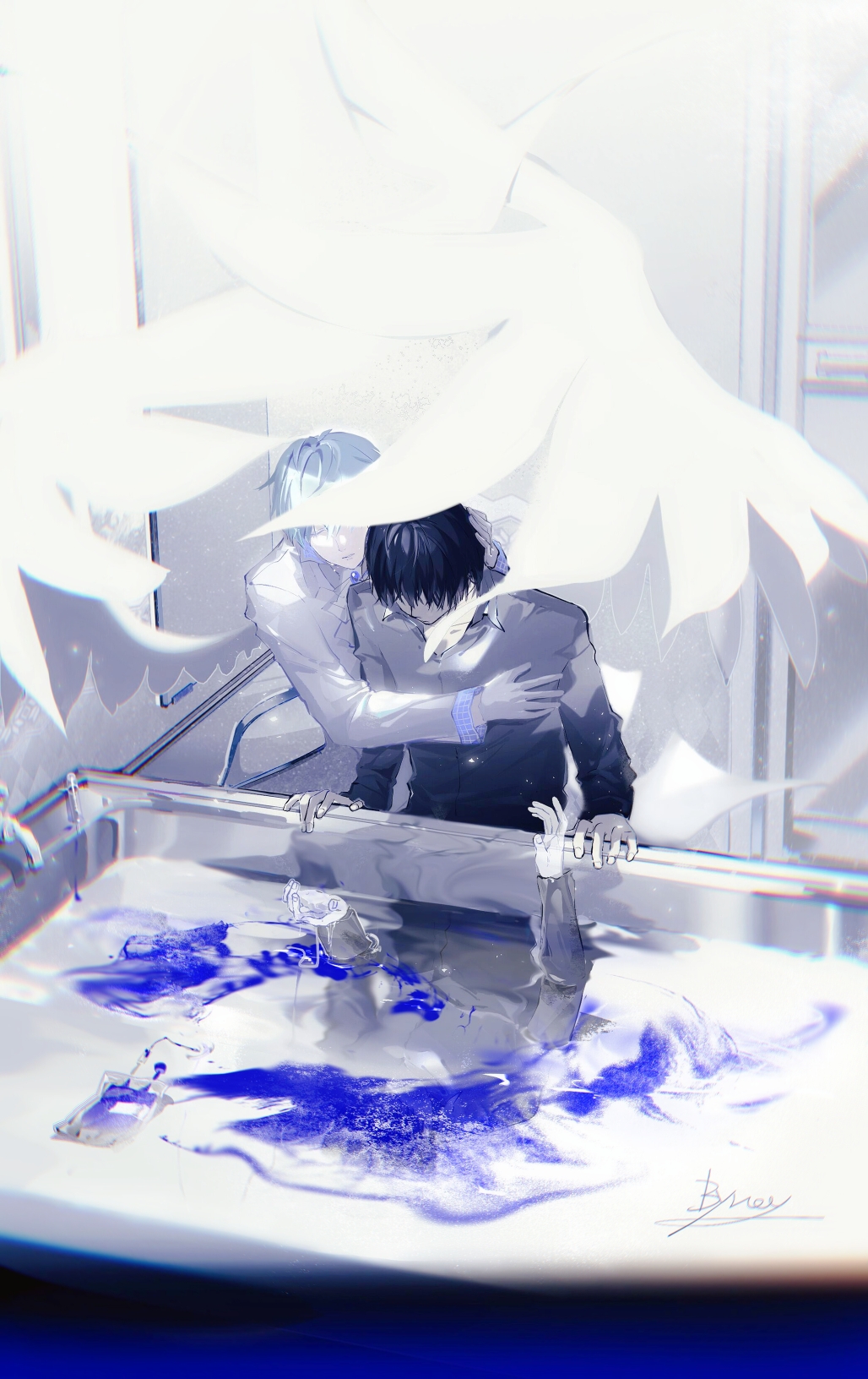 2boys, angel, angel_wings, artist_name, ascot, bathtub, black_hair, blue_gemstone