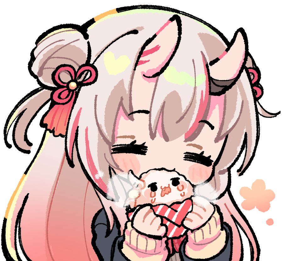 1girl, blush, character_food, chibi, closed_eyes, colored_tips, commentary_request, double_bun