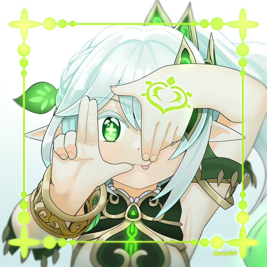1girl, ;p, absurdres, armpits, bangs, bracelet, commentary_request, detached_sleeves
