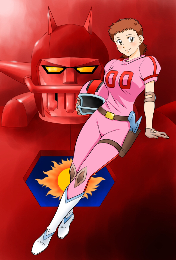 1girl, aki_(pixiv_87336387), blush, bodysuit, boots, breasts, brown_eyes, brown_gloves, brown_hair, diapolon, elbow_pads, gloves, gun, helmet, holster, knee_pads, leaning, looking_at_viewer, mecha, medium_breasts, medium_hair, miki_(dai_apolon), red_background, robot, short_hair, short_sleeves, smile, solo, sun, super_robot, thigh_strap, ufo_senshi_dai_apolon, weapon, white_footwear