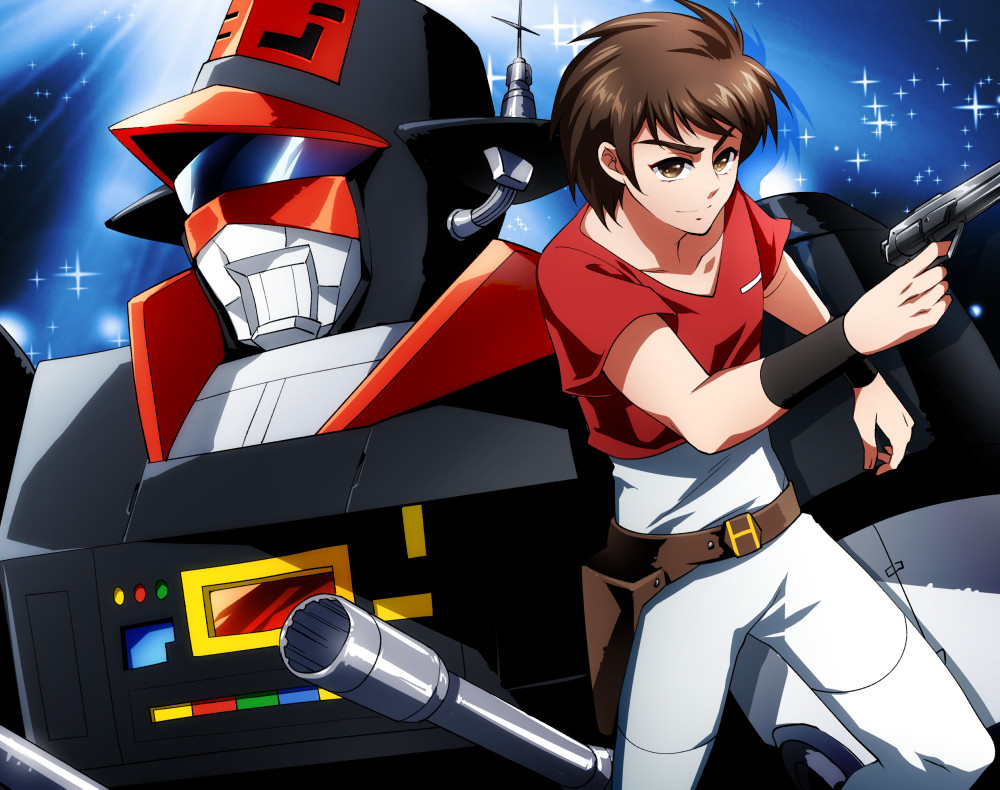 1boy, belt, bismarck_(mecha), brown_eyes, brown_hair, gun, hikari_shinji, holding