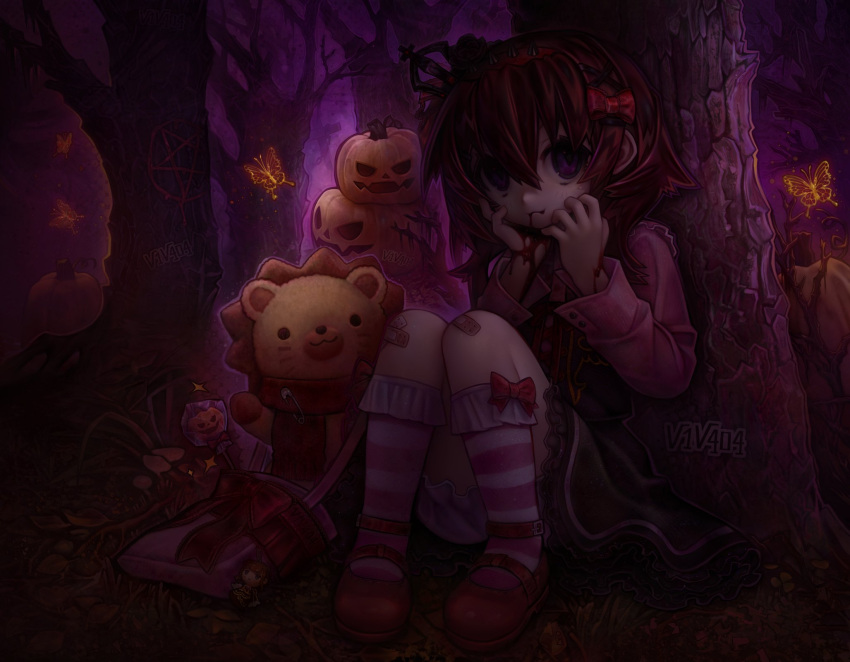 1girl, bandaid, bandaid_on_knee, bandaid_on_leg, bangs, beatrice_(umineko), blood, blood_on_face