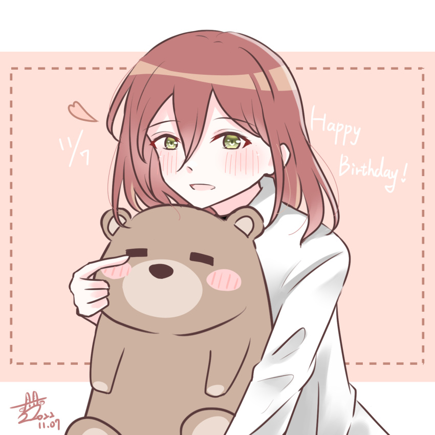 1girl, =_=, acchuu_(achu10273), assault_lily, bangs, blush, brown_hair, commentary