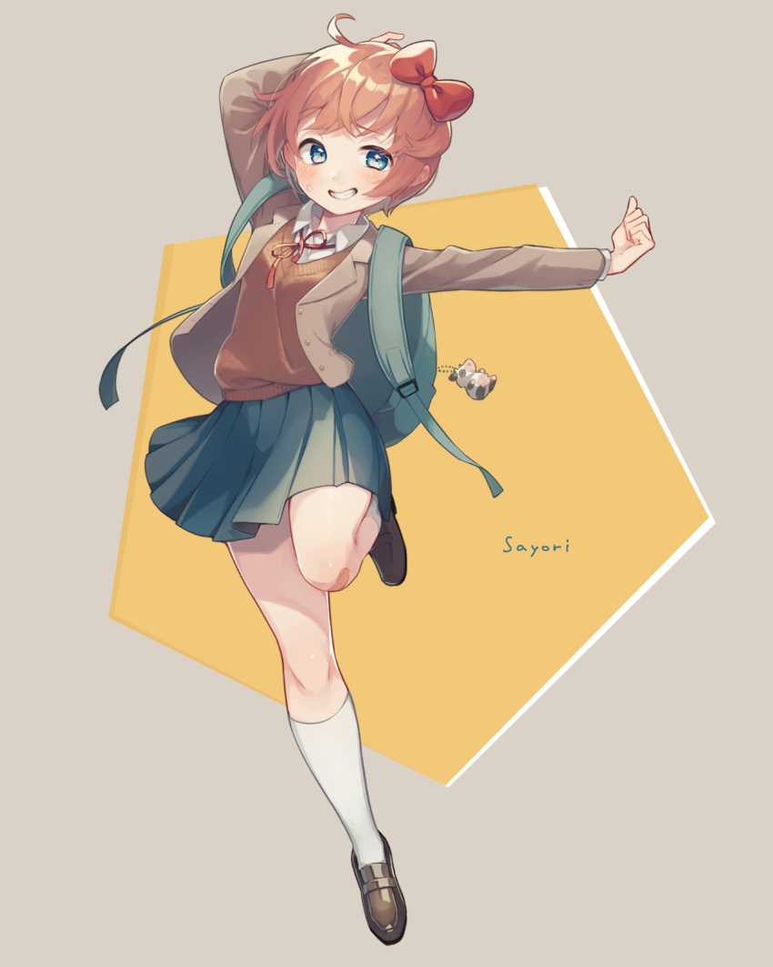 1girl, animal_keychain, backpack, bag, bag_charm, bandaid, blazer, blue_eyes, blue_skirt, blush, bow, brown_footwear, brown_jacket, character_name, charm_(object), doki_doki_literature_club, grin, hair_bow, highres, jacket, kneehighs, multicolored_background, open_clothes, open_jacket, orange_sweater, pentagon_(shape), pink_hair, red_bow, sayori_(doki_doki_literature_club), school_uniform, shifumame, shirt, shoes, short_hair, skirt, smile, socks, solo, standing, standing_on_one_leg, sweatdrop, sweater, white_legwear, white_shirt, white_socks
