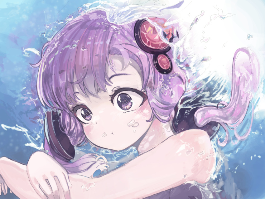 1girl, :t, air_bubble, bangs, bare_arms, bare_shoulders, bubble, closed_mouth, hair_ornament, highres, long_hair, low_twintails, microa, pout, purple_hair, solo, t, twintails, underwater, upper_body, violet_eyes, vocaloid, voiceroid, water, yuzuki_yukari