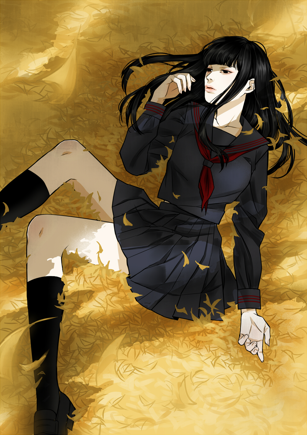 1girl, bangs, black_eyes, black_footwear, black_hair, black_serafuku, black_skirt, black_socks