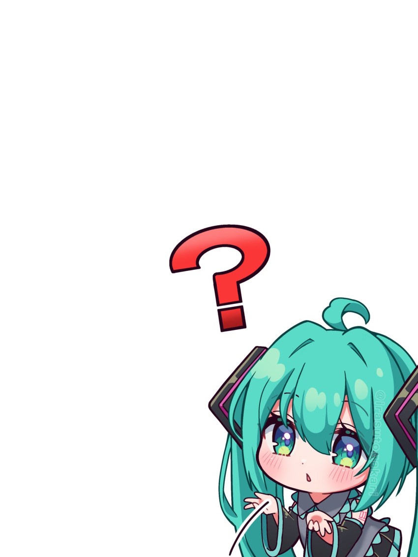 1girl, ?, ahoge, aqua_eyes, aqua_hair, aqua_necktie, bangs, bare_shoulders