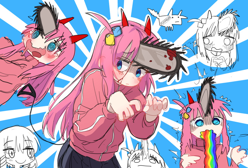 1girl, @_@, absurdres, blue_eyes, bocchi_the_rock!, chainsaw, chainsaw_man, cube_hair_ornament