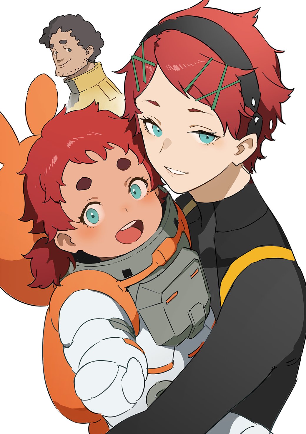 1boy, 2girls, baby, bangs, black_hairband, black_shirt, brown_hair, elnora_samaya, ericht_samaya, facial_hair, gundam, gundam_suisei_no_majo, hair_behind_ear, hair_ornament, hairband, hairclip, highres, holding_baby, low_twintails, mogumo, mother_and_daughter, multiple_girls, nadim_samaya, parted_bangs, parted_lips, redhead, shirt, short_eyebrows, short_hair, smile, spacesuit, stubble, thick_eyebrows, twintails