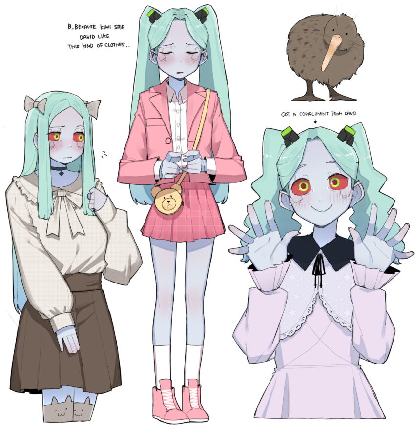 1girl, bag, bird, blush, closed_eyes, collared_shirt, colored_skin, cyberpunk_(series), cyberpunk_edgerunners, dress, green_hair, handbag, jacket, kiwi_(bird), kneehighs, long_hair, looking_at_viewer, looking_to_the_side, multicolored_eyes, ohasi, rebecca_(cyberpunk), red_eyes, shirt, shoes, skirt, smile, sneakers, socks, twintails, white_background, white_skin