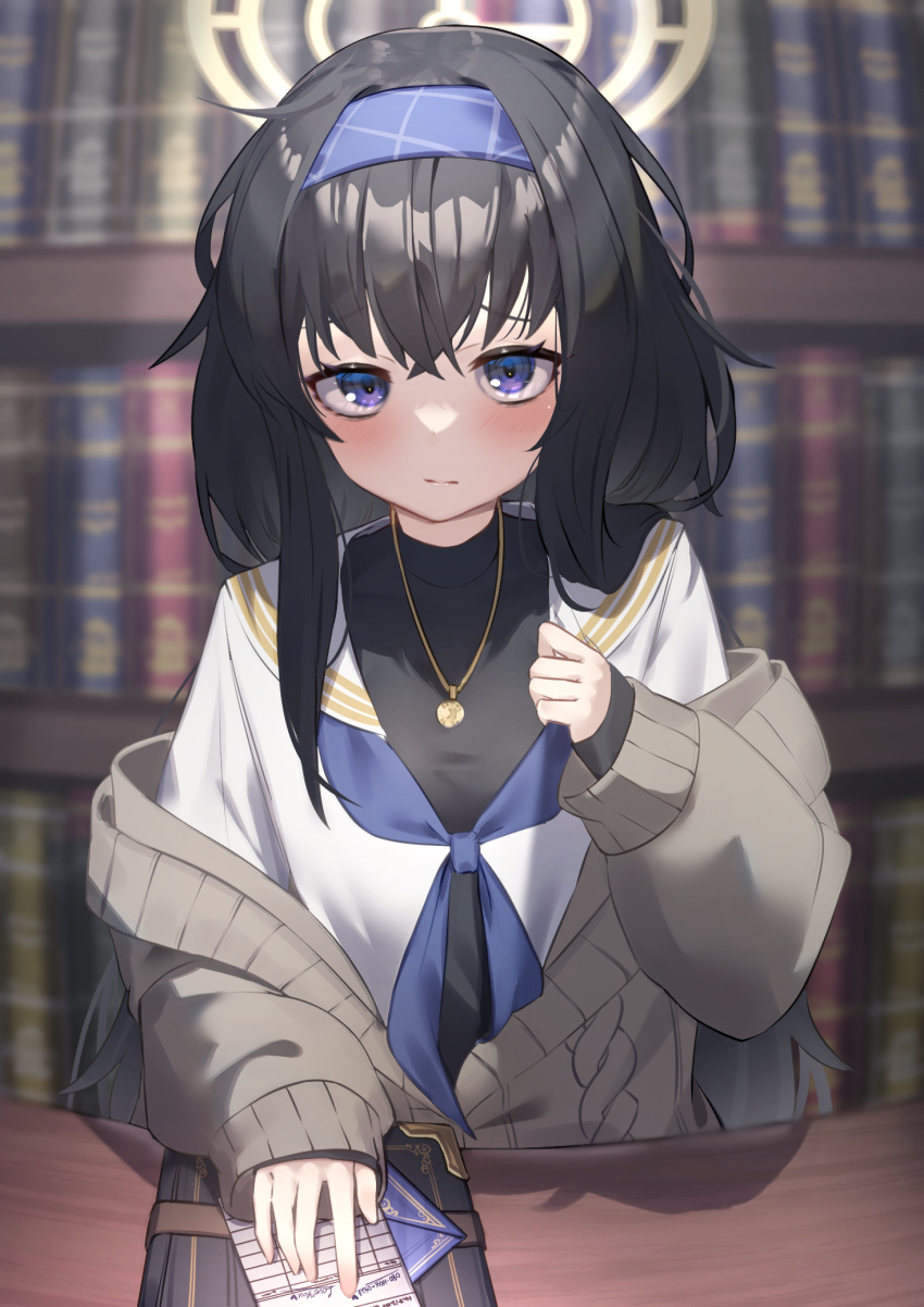1girl, bangs, black_hair, black_shirt, blue_archive, blue_eyes, blurry, blurry_background