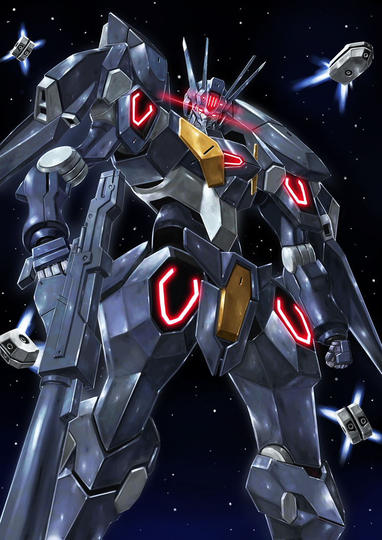 asaba_naoto, clenched_hand, funnels_(gundam), glowing, glowing_eyes, gun, gundam, gundam_pharact, gundam_suisei_no_majo, head_tilt, holding, holding_gun, holding_weapon, looking_down, mecha, no_humans, red_eyes, robot, science_fiction, solo, space, star_(sky), starry_background, starry_sky, v-fin, weapon