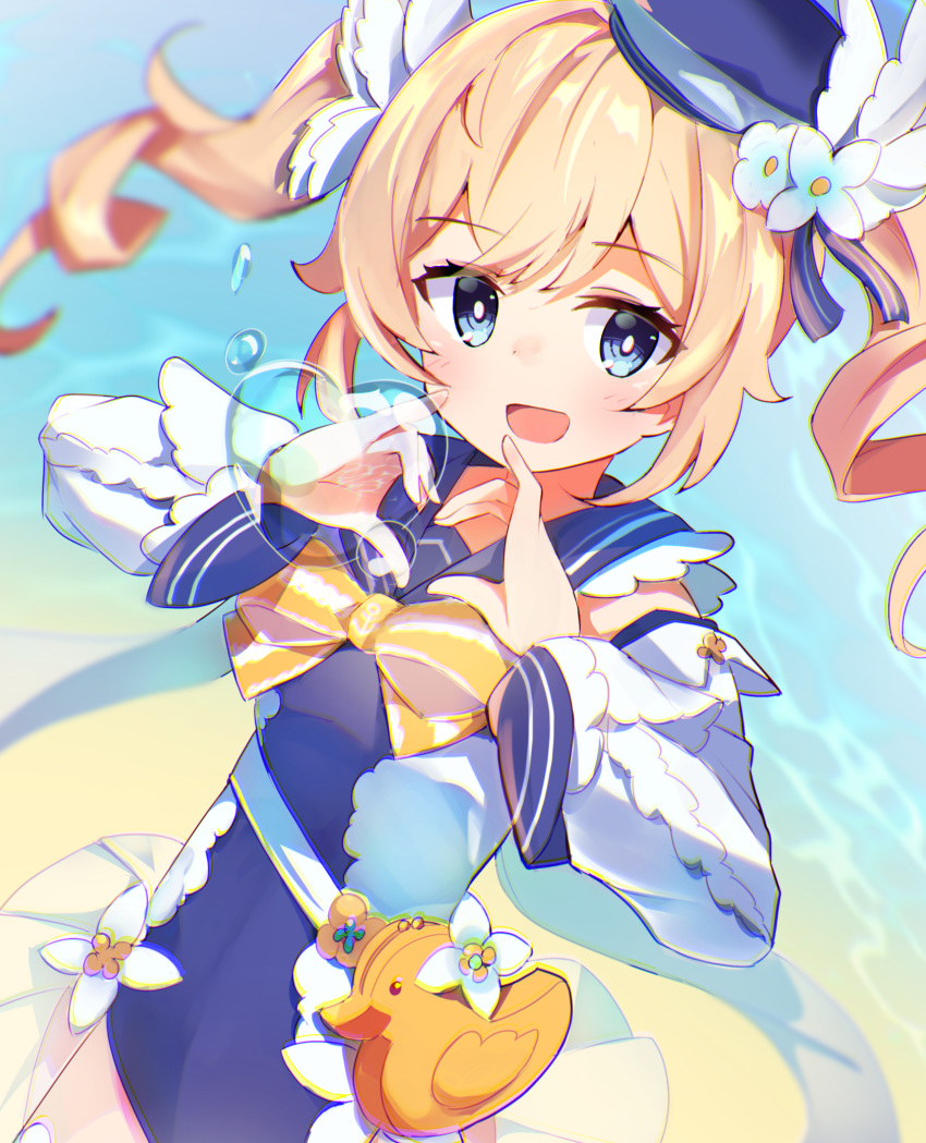 1girl, :d, bag, bangs, barbara_(genshin_impact), barbara_(summertime_sparkle)_(genshin_impact), beach, blonde_hair