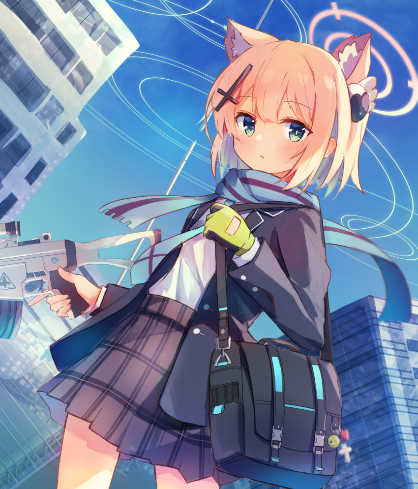 1girl, alternate_costume, animal_ears, assault_rifle, bag, bag_charm, bangs, blazer