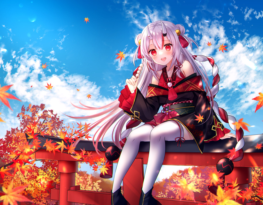 1girl, :d, autumn_leaves, blue_sky, blush, clouds, cloudy_sky, commentary_request, dango, day, double_bun, food, hair_bun, haruhitooo, highres, hololive, horns, japanese_clothes, kouhaku_nawa, leaf, long_hair, looking_at_viewer, maple_leaf, nakiri_ayame, oni, oni_horns, open_mouth, red_eyes, rope, shimenawa, sitting, sky, smile, solo, thigh-highs, thighhighs, torii, virtual_youtuber, wagashi, white_hair, white_legwear, white_thighhighs, zettai_ryouiki