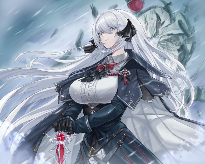 1girl, ascot, bangs, black_ascot, black_coat, black_gloves, black_ribbon, blizzard