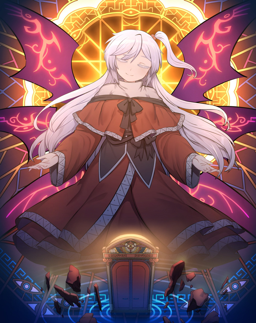 1girl, absurdres, bangs, capelet, closed_eyes, closed_mouth, commentary_request, demon_wings