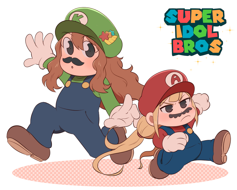 2girls, black_eyes, blonde_hair, blue_overalls, brown_hair, cosplay, crossover, facial_hair