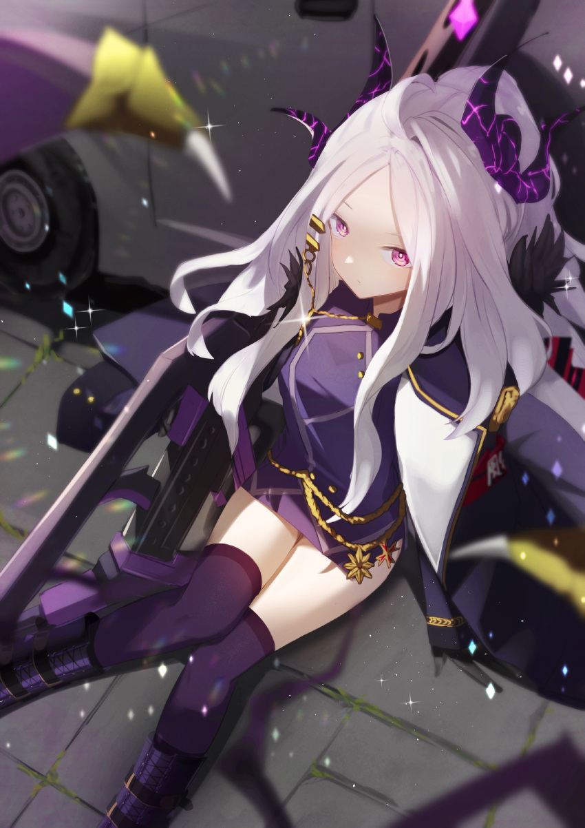 1girl, absurdres, armband, bangs, black_gloves, blue_archive, blurry, boots