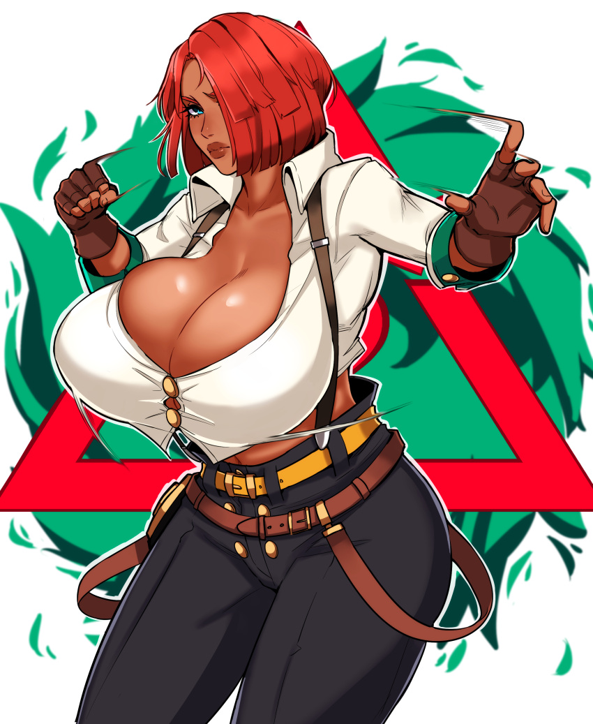 1girl, absurdres, alecto_0, belt, black_pants, breasts, brown_gloves, cleavage, collarbone, dark-skinned_female, dark_skin, fighting_stance, fingerless_gloves, fire, giovanna_(guilty_gear), gloves, green_eyes, green_fire, guilty_gear, guilty_gear_strive, hair_over_eyes, hair_over_one_eye, high-waist_pants, highres, huge_breasts, lips, long_sleeves, looking_at_viewer, pants, parted_lips, red_hair, redhead, shirt, short_hair, solo, suspenders, thighs, triangle, white_background, white_shirt