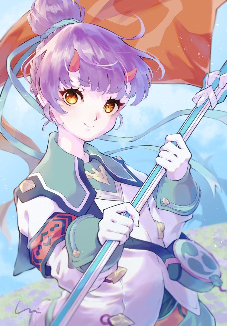 1girl, bangs, closed_mouth, commentary_request, fiona_(xenoblade), gloves, hair_bun, holding