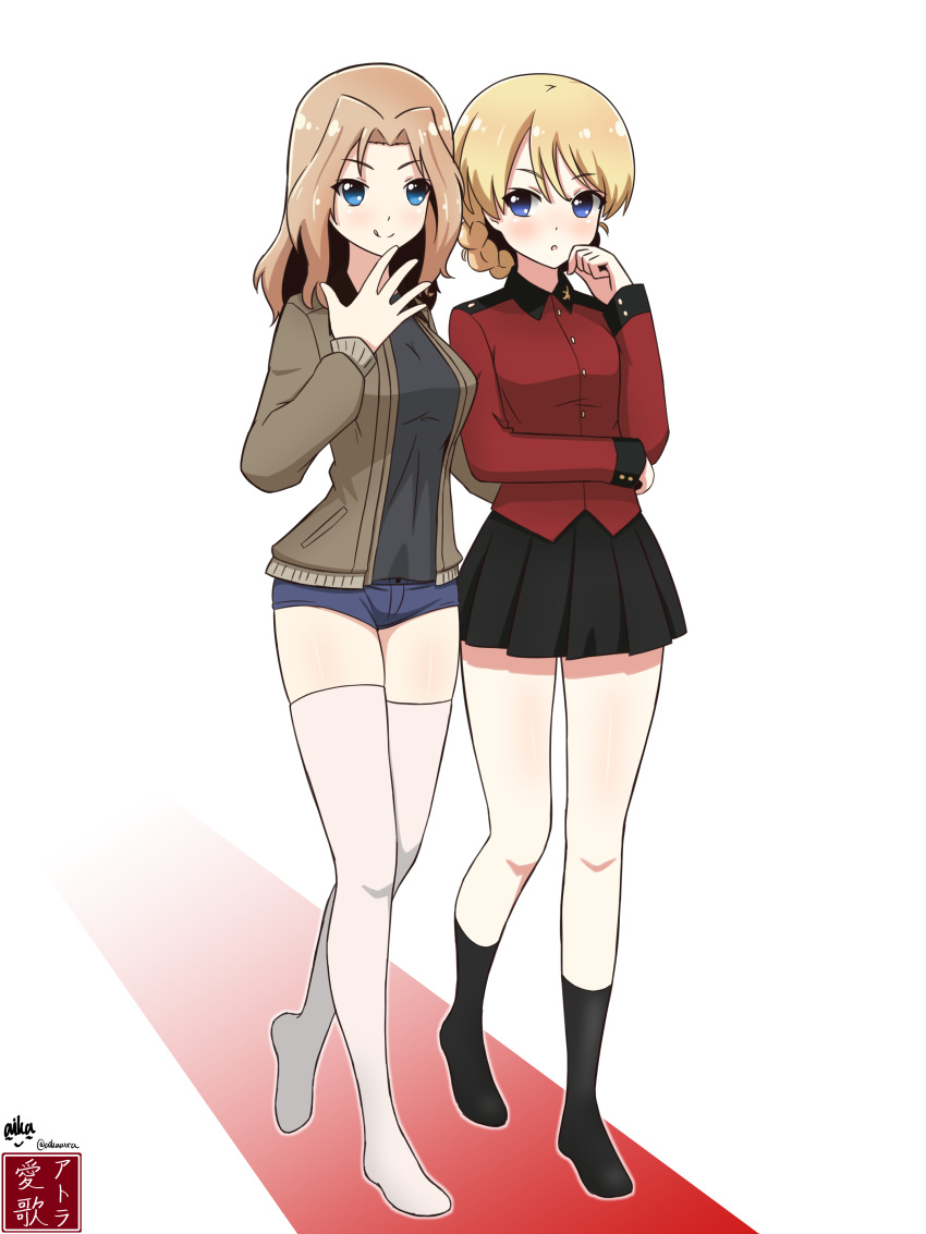 2girls, :o, :q, absurdres, aikazilla, arm_around_waist, artist_logo, artist_name, ass_grab, bangs, black_shirt, black_skirt, black_socks, blonde_hair, blue_eyes, blue_shorts, blush, braid, brown_jacket, closed_mouth, darjeeling_(girls_und_panzer), denim, denim_shorts, girls_und_panzer, hair_intakes, hand_to_own_mouth, highres, jacket, kay_(girls_und_panzer), long_hair, long_sleeves, looking_at_viewer, medium_hair, micro_shorts, military, military_uniform, miniskirt, multiple_girls, no_shoes, open_clothes, open_jacket, pleated_skirt, red_jacket, saunders_military_uniform, shirt, short_hair, shorts, skirt, smile, socks, st._gloriana's_military_uniform, standing, thigh-highs, tongue, tongue_out, twitter_username, uniform, walking, white_thighhighs