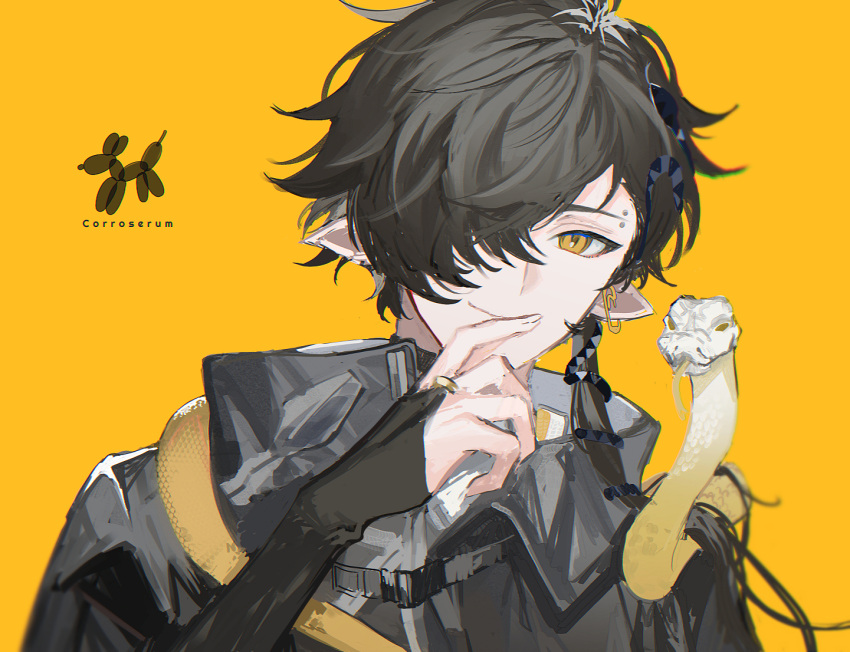 1boy, arknights, balloon_animal, bangs, black_hair, black_jacket, bug, butterfly