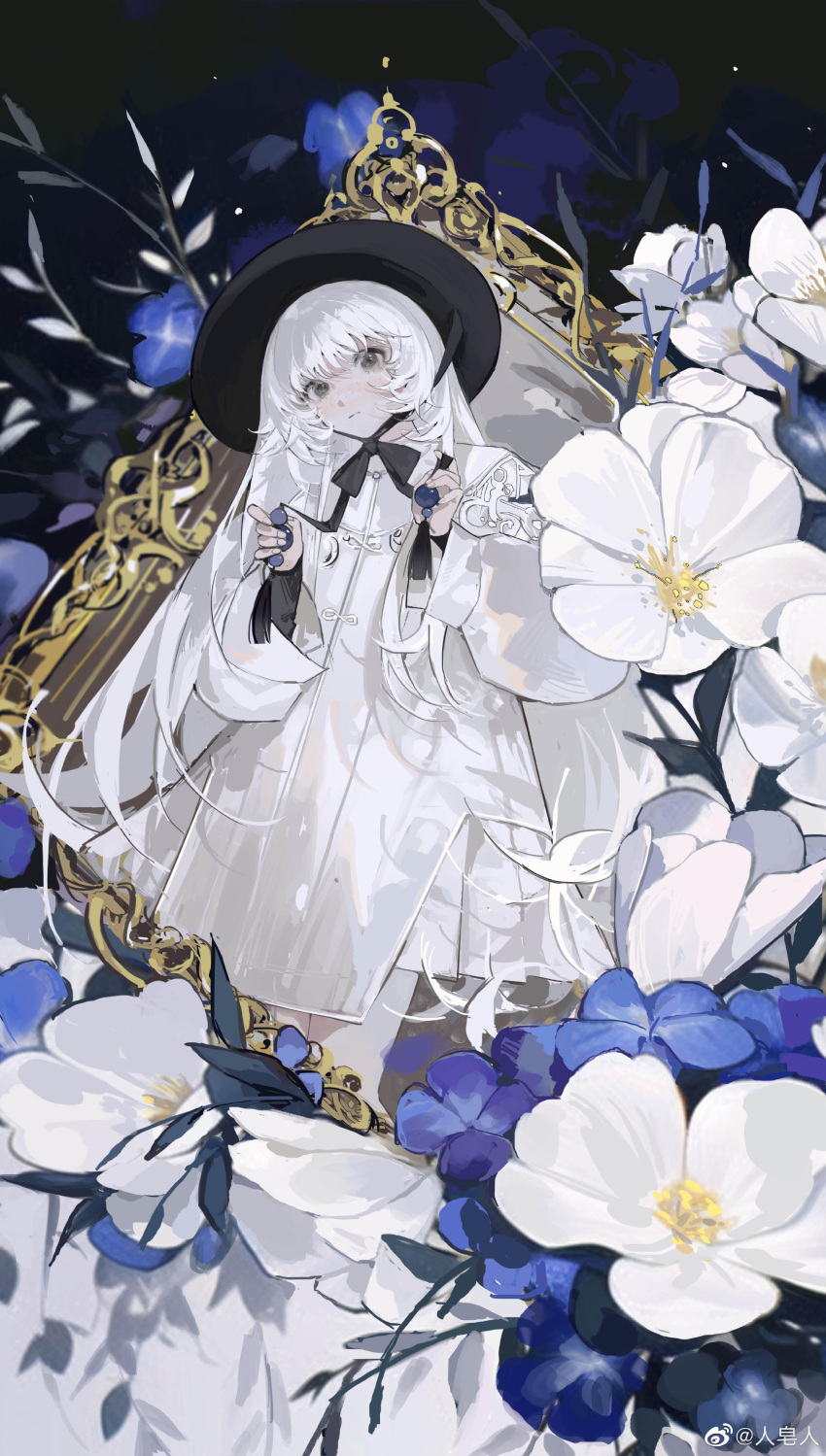1girl, absurdres, black_headwear, blue_flower, cliuu_u, dress, flower, grey_eyes