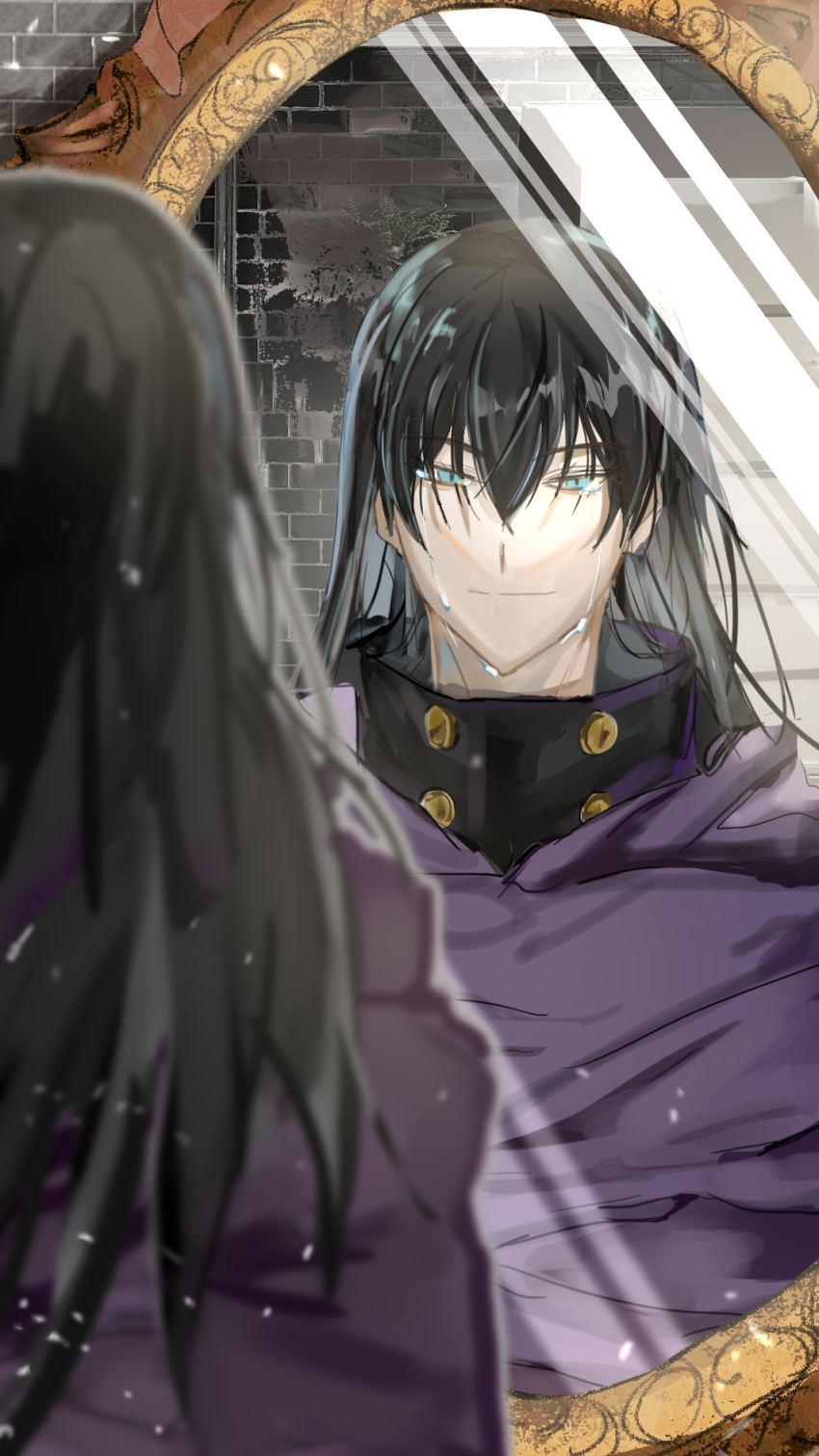 1boy, black_clover, black_hair, blue_eyes, blurry, cloak, crying, crying_with_eyes_open, depth_of_field, highres, kurorohorumuhn, long_hair, looking_at_mirror, male_focus, mirror, nacht_faust, purple_cloak, smile, solo, tears