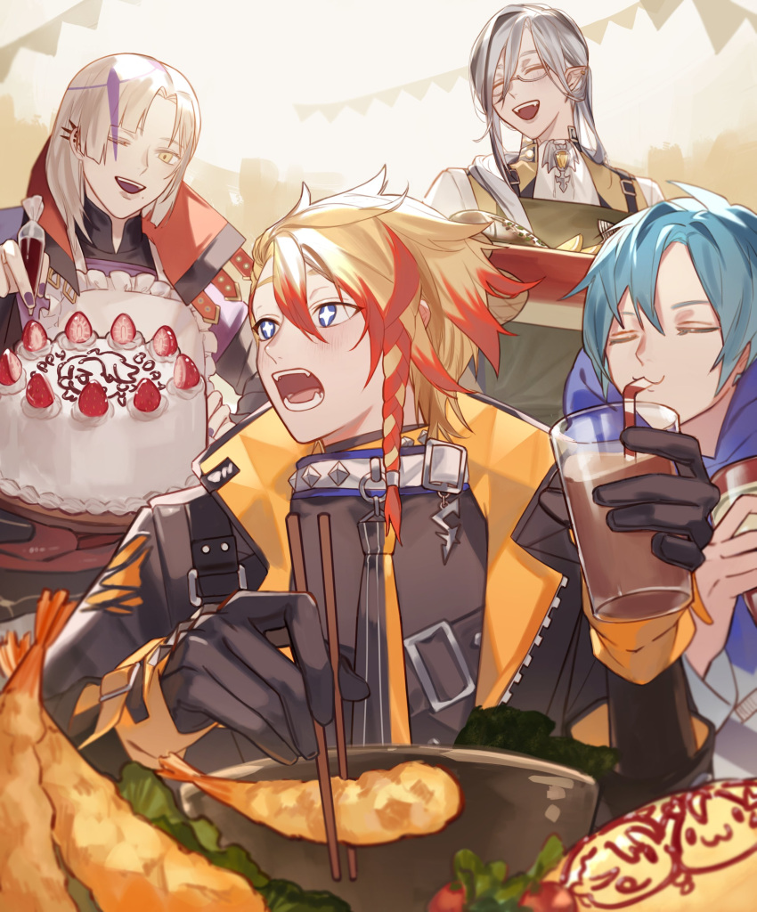 +_+, 4boys, :3, :d, ;d, absurdres, axel_syrios, bangs, birthday, birthday_cake, black_gloves, black_hair, blonde_hair, blue_eyes, blue_hair, braid, cake, chocolate_milk, chopsticks, chul_(pacifique), closed_eyes, commentary, cup, drinking_straw, ear_piercing, eating, english_commentary, fangs, food, fruit, gloves, grey_hair, hair_between_eyes, highres, holding, holding_cup, holostars, holostars_english, holotempus, long_hair, magni_dezmond, male_focus, multicolored_hair, multiple_boys, noir_vesper, omelet, omurice, one_eye_closed, open_mouth, piercing, pointy_ears, red_hair, redhead, regis_altare, shrimp, shrimp_tempura, side_braid, single_braid, smile, strawberry, streaked_hair, teeth, tempura, two-tone_hair, virtual_youtuber, white_hair, yellow_eyes