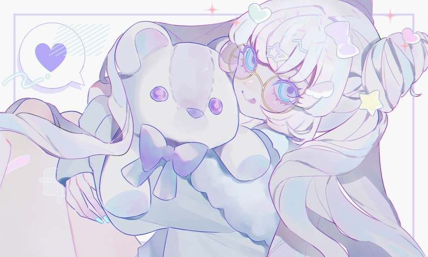 1girl, ao3, bandaid, bangs, blue_eyes, bow, glasses, hair_ornament