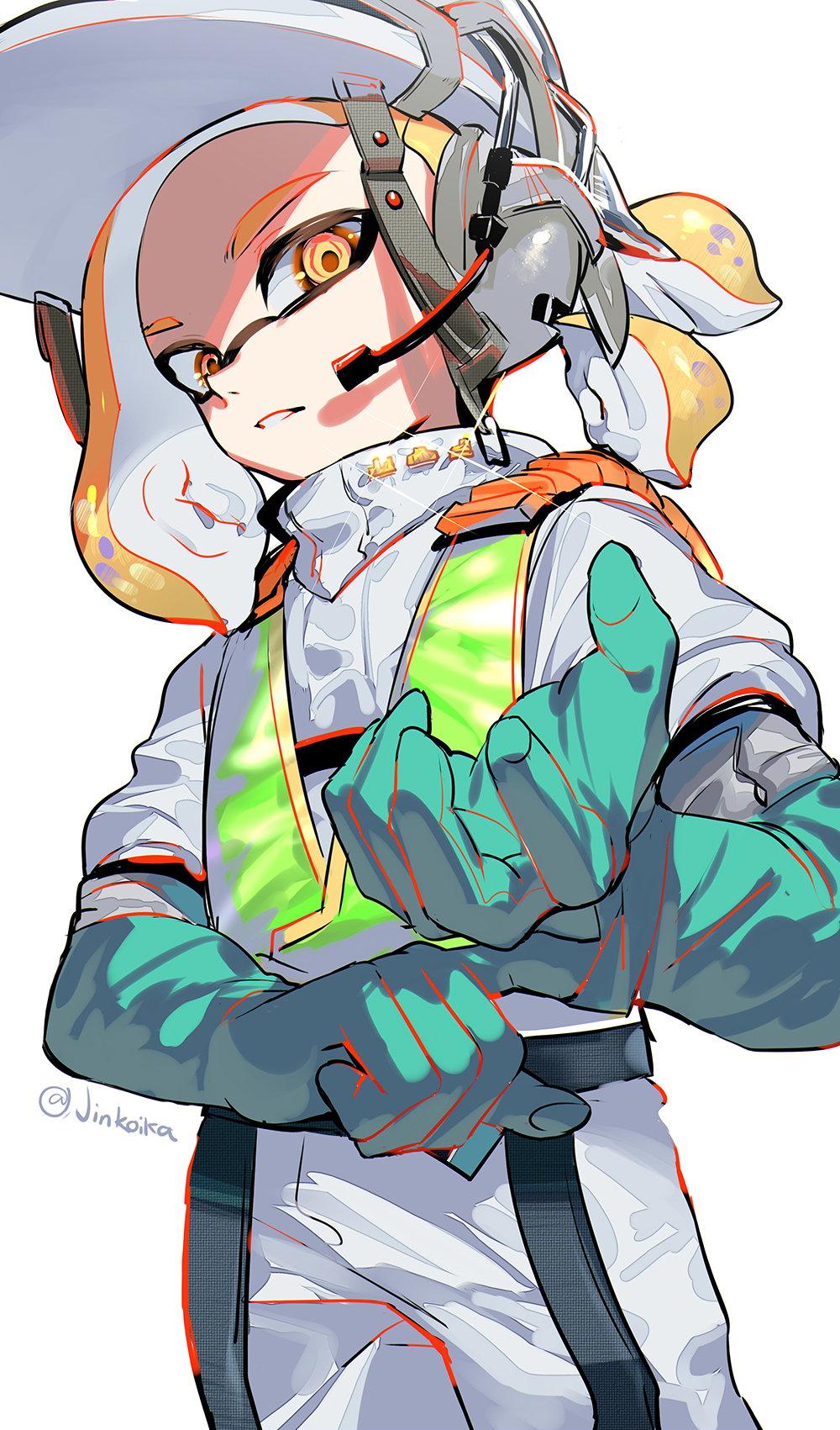 1boy, 1girl, adjusting_clothes, adjusting_gloves, badge, commentary_request, gloves, green_gloves