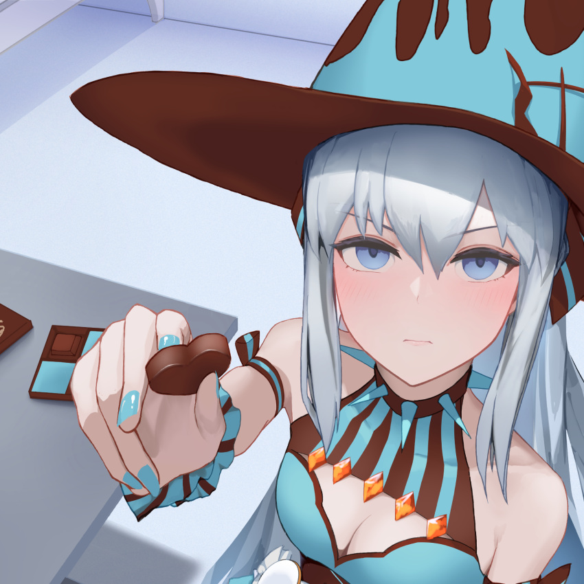 1girl, bed, blue_eyes, blue_nails, blush, box, box_of_chocolates, candy