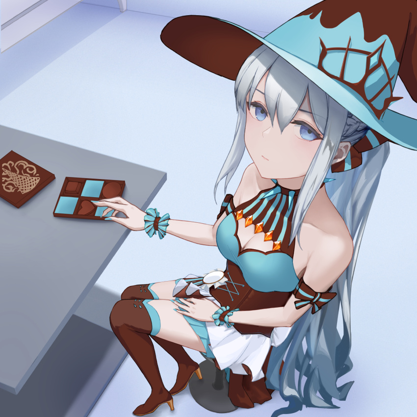 1girl, bed, blue_eyes, blush, boots, box, box_of_chocolates, chocolate