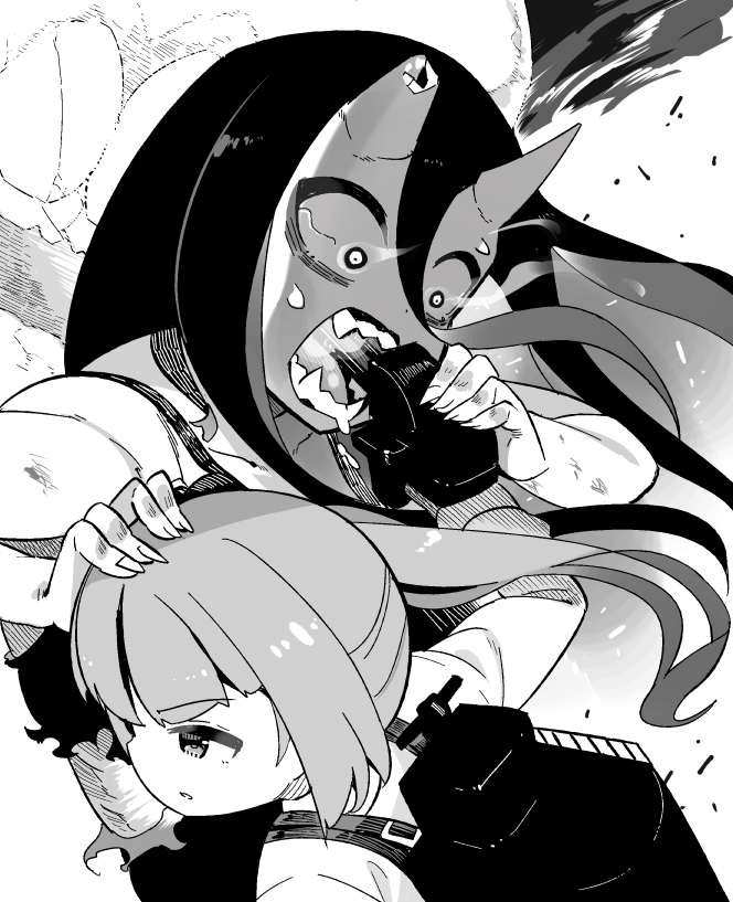 2girls, abyssal_ship, battleship_princess, broken_horn, fangs, greyscale, gun_in_mouth, horns