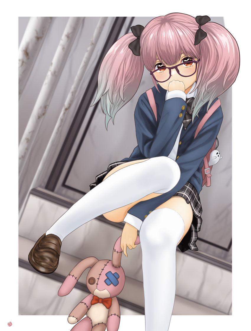 1girl, absurdres, arm_on_knee, backpack, bag, bangs, black-framed_eyewear, black_bow, black_bowtie, blazer, blue_jacket, bow, bowtie, brown_eyes, brown_footwear, glasses, gradient_eyes, gradient_hair, hair_bow, hand_on_own_face, hand_to_own_mouth, highres, jacket, light_brown_hair, long_sleeves, multicolored_eyes, multicolored_hair, nao_suke, original, over-kneehighs, pink_bag, pink_hair, plaid, plaid_bow, plaid_bowtie, plaid_skirt, school_uniform, shirt, sitting, sitting_on_stairs, skirt, socks, solo, stairs, stuffed_animal, stuffed_bunny, stuffed_toy, teddy_bear, thigh-highs, thighhighs, twintails, white_legwear, white_shirt, white_socks