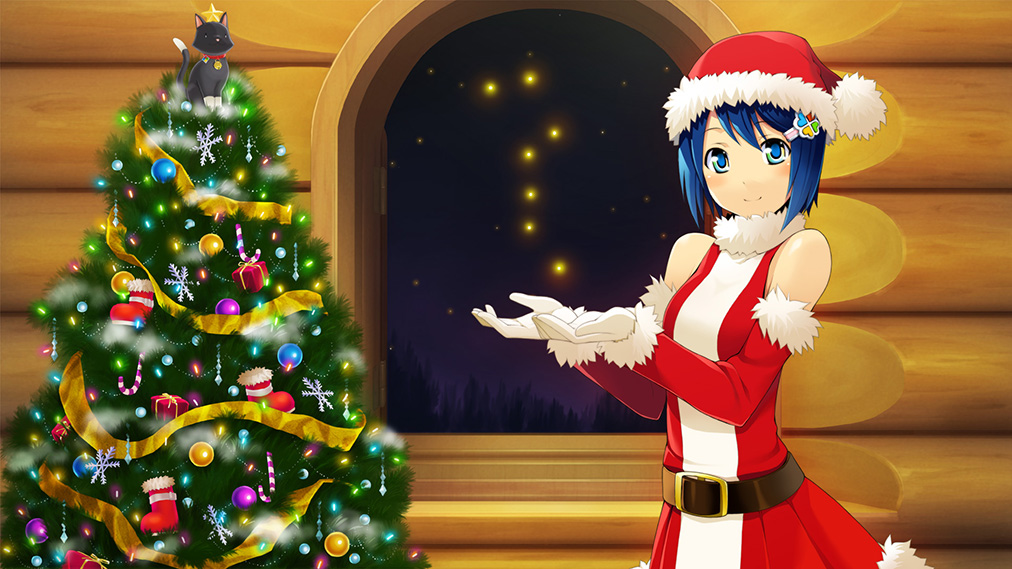 1girl, bare_shoulders, blue_eyes, blue_hair, cat, christmas_ornaments, christmas_tree, hair_ornament, hairclip, hat, hat_ornament, madobe_nanami, night, night_sky, open_window, os-tan, polaris_(star), ribbon, santa_costume, santa_hat, short_hair, sky, smile, socks, star_(sky), star_(symbol), star_hat_ornament, starry_sky, wakaba_sprout, window, windows, wooden_wall