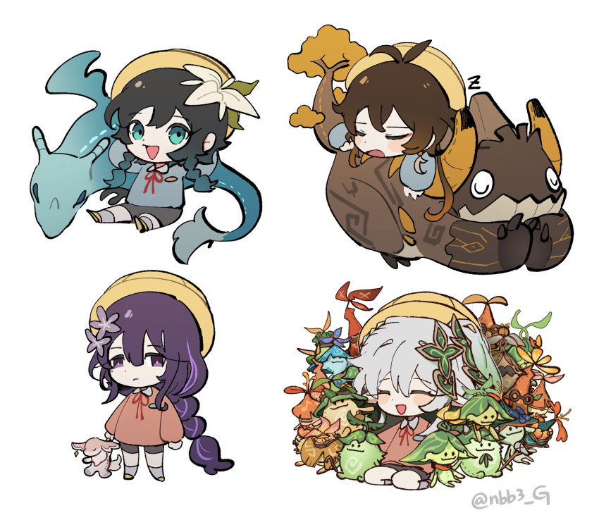 2boys, 2girls, ^_^, aged_down, antenna_hair, arabalika_(genshin_impact), arachatora_(genshin_impact), araja_(genshin_impact)