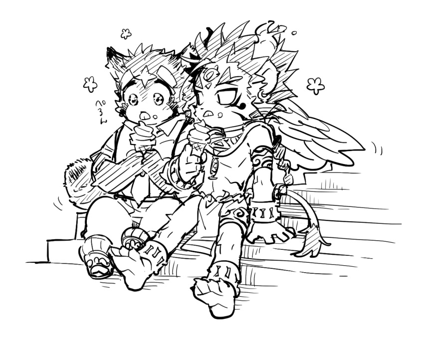 2boys, animal_ears, barefoot, braid, commentary, earrings, eating, fiery_horns